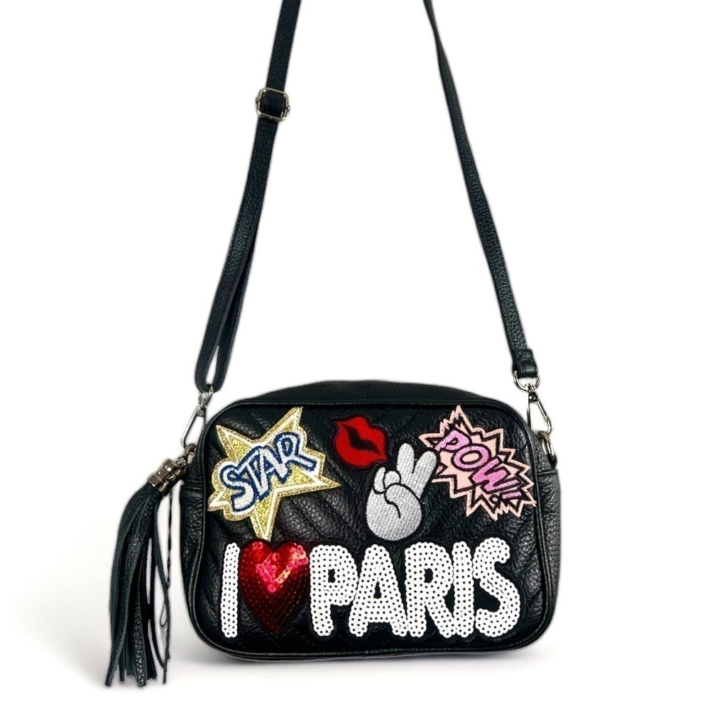 NWOT DIXIE Made In Italy Black Leather Pop Art Sequin Purse Shoulder Bag Y2K